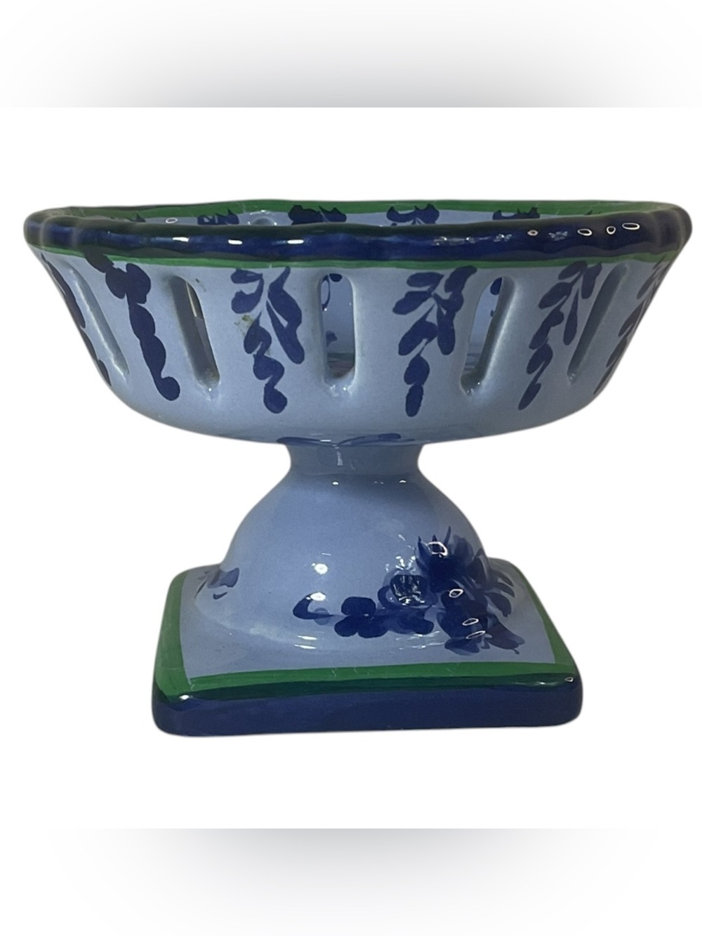 Vintage Vestal Alcobaça Portugal Hand Painted Pedestal Compote Bowl Floral #1033